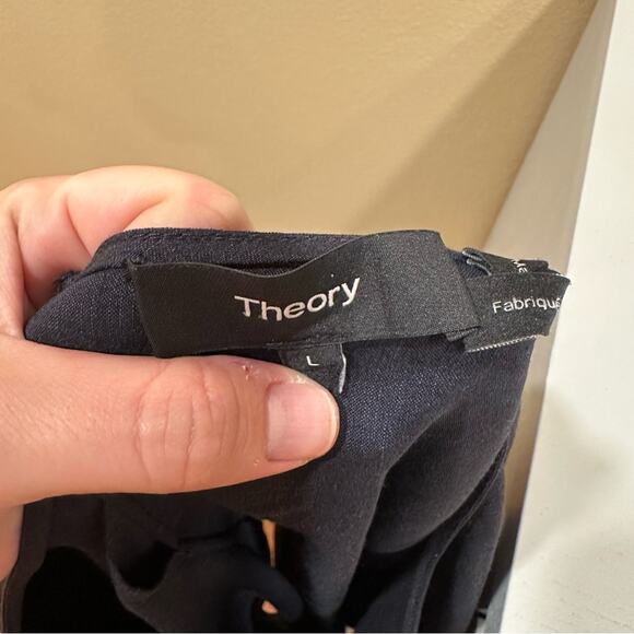 Theory Navy Blue Long Cinch Sleeve Linen Blend Top Blouse Large - Picture 12 of 13